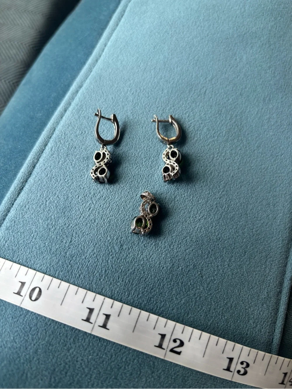 Sterling Silver Green Crystal Drop Earrings and Pendant Set